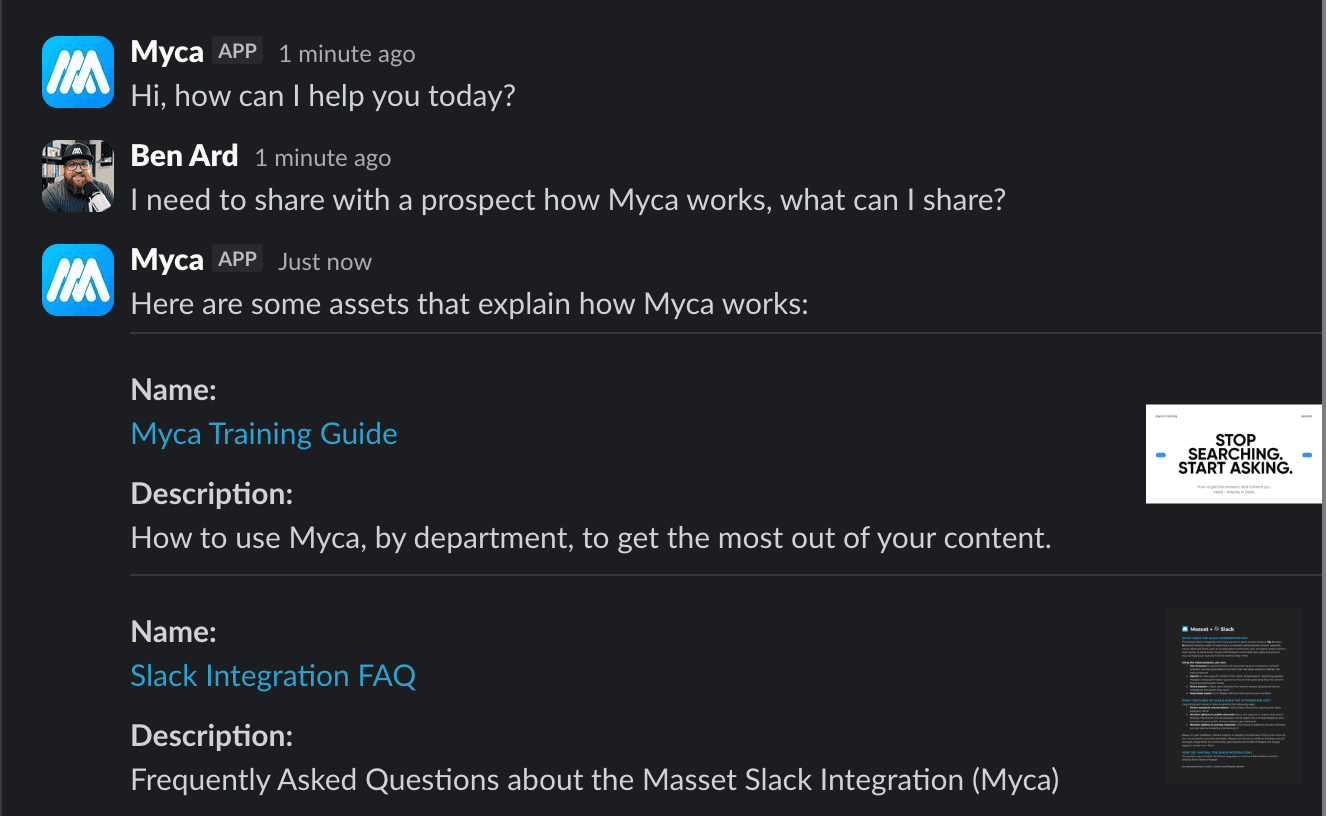 Myca answering a question inside Slack and Microsoft Teams, powered by the Masset MCP server.