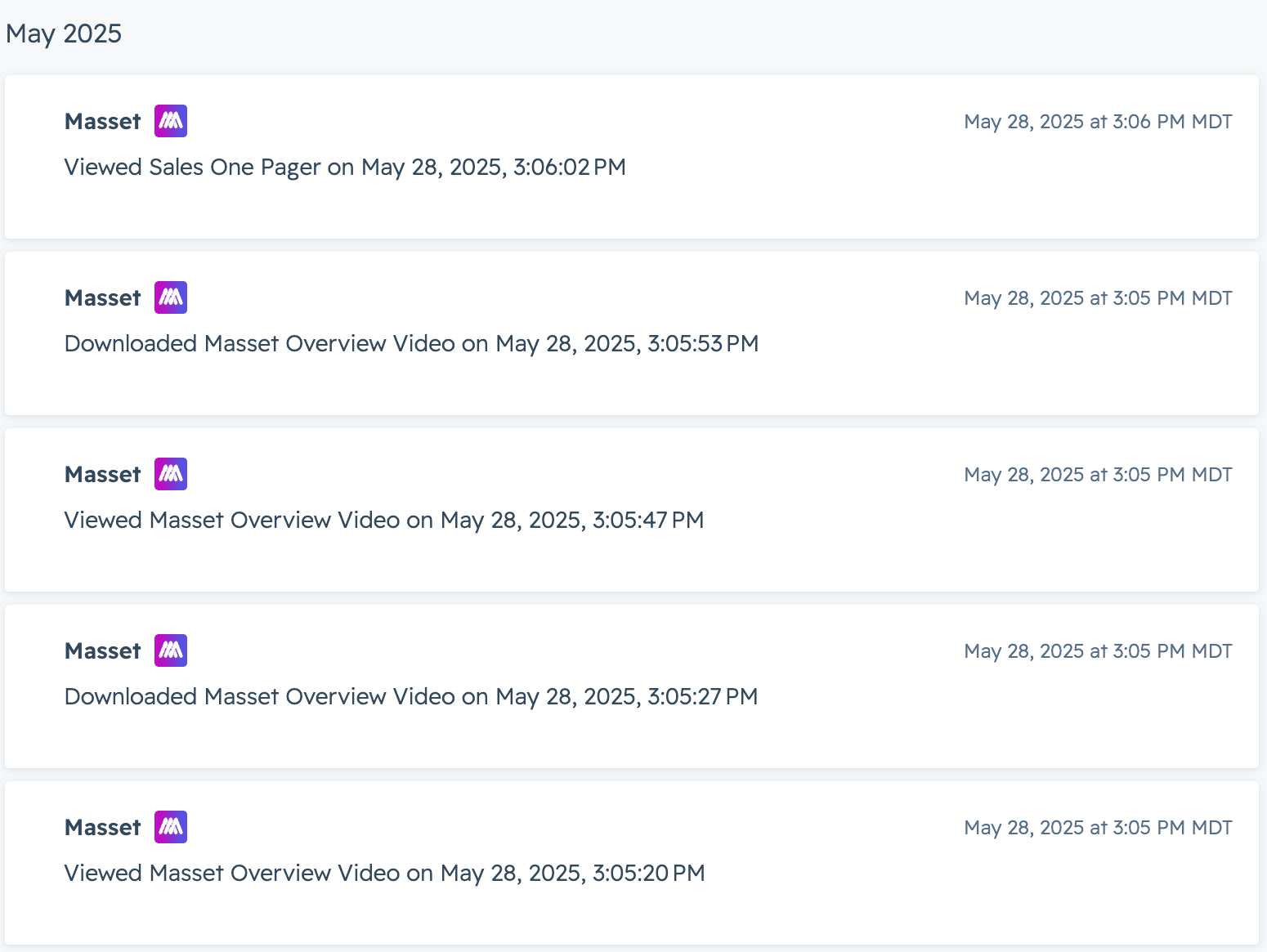 Masset content engagement logged on a HubSpot contact timeline