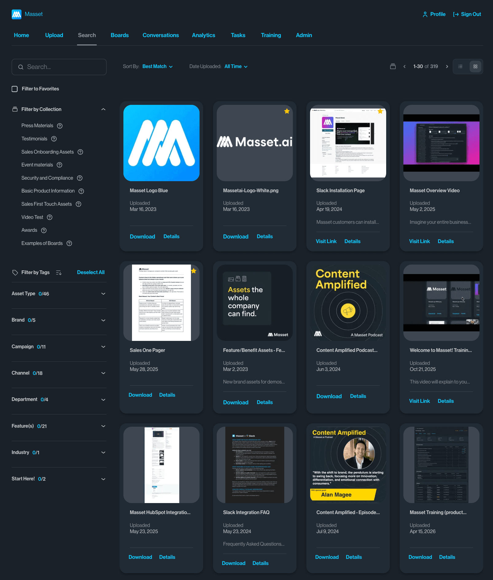 The Masset app showing the searchable central content library