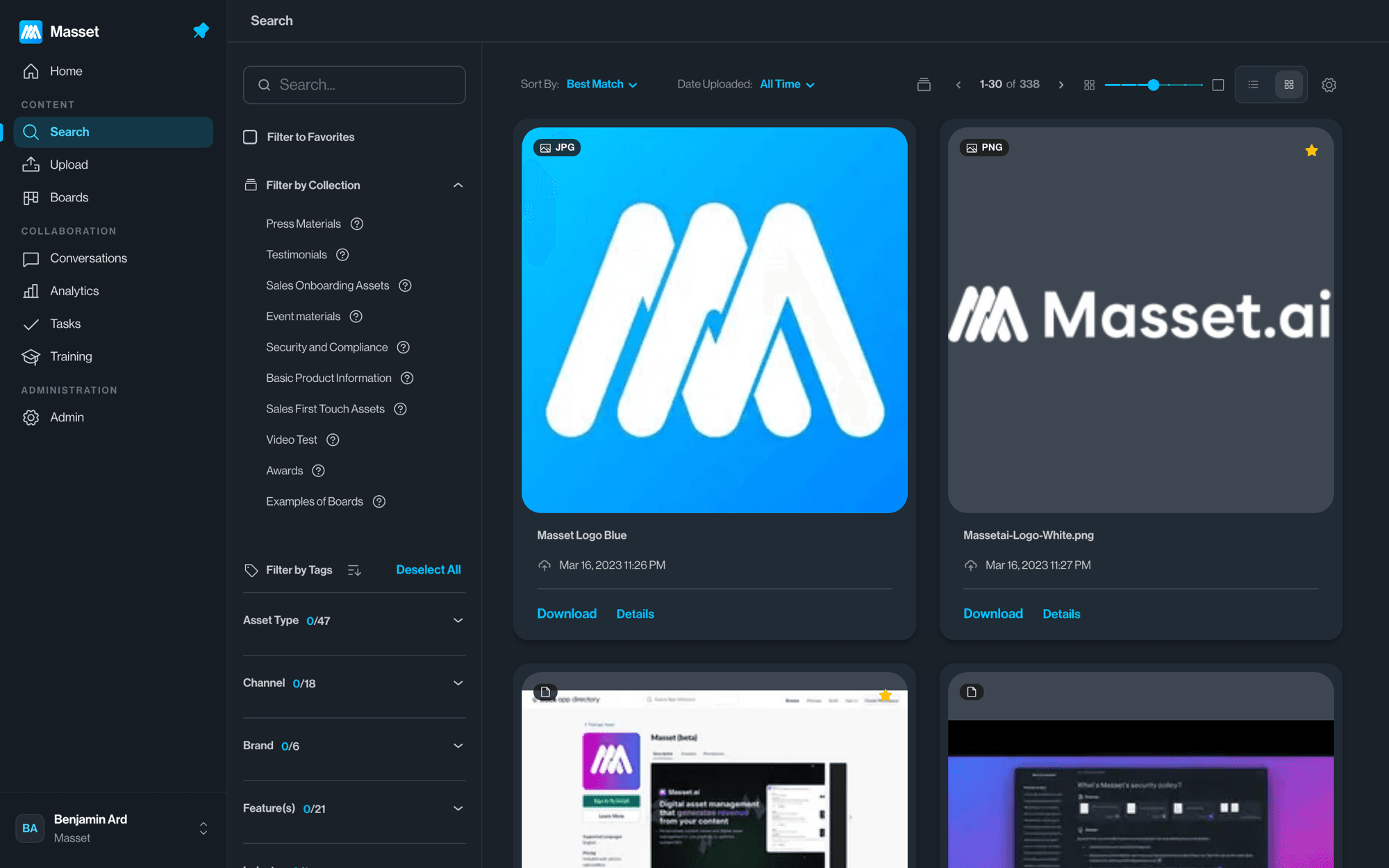 The Masset app content library: a searchable grid of every asset, with collection and tag filters down the side.