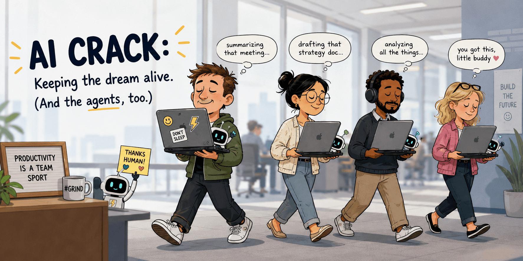 An illustration titled AI Crack showing four coworkers walking through an office carrying their laptops cracked open with the screens dark, each with a small AI agent peeking out, so their agents keep running between meetings.