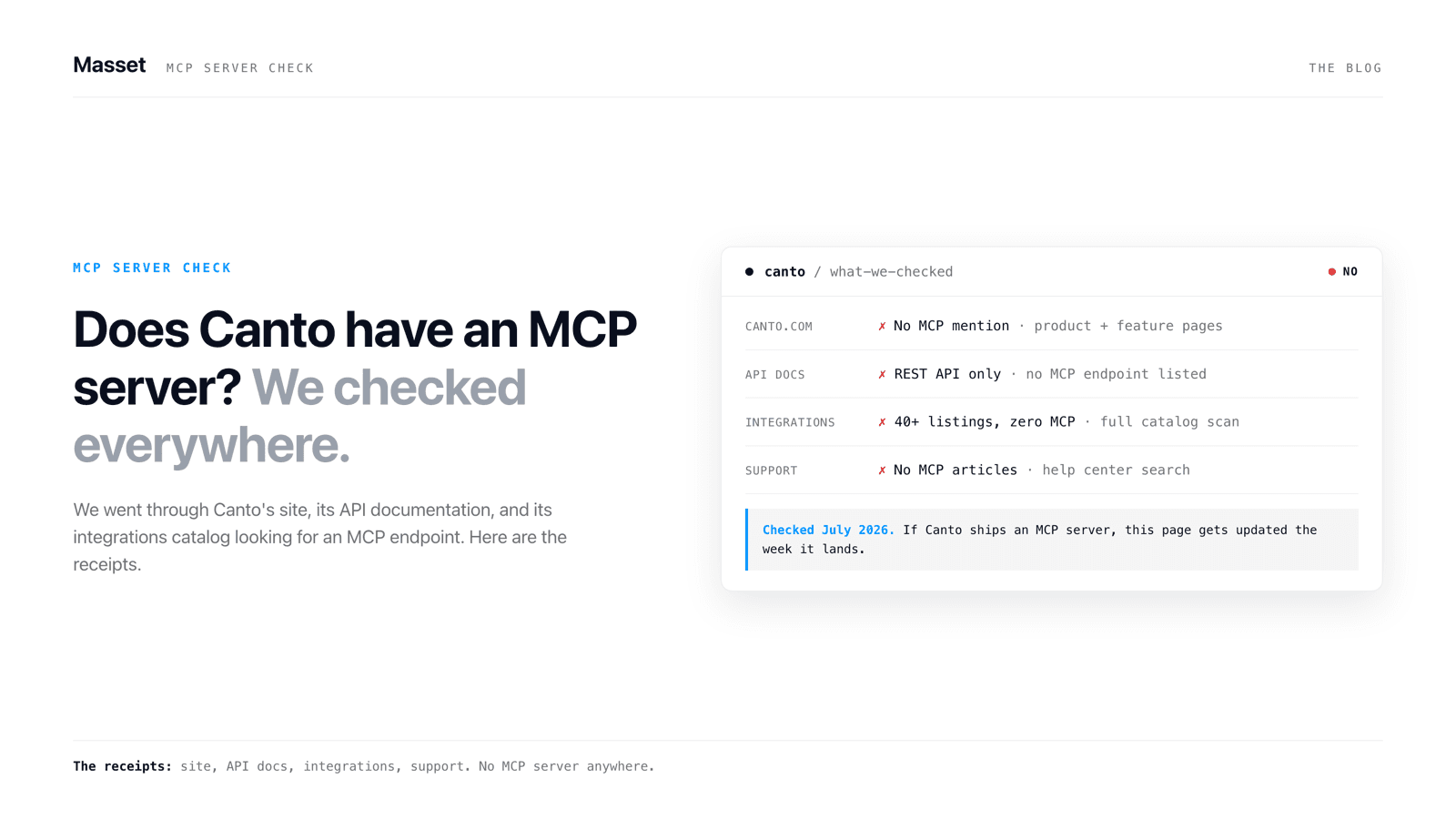 A product-screenshot-style card asking 'Does Canto have an MCP server?' with a dated 'No, as of July 2026' verdict stamp above a short receipts checklist.