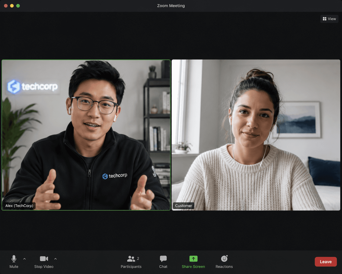 A two-person video call in a Zoom-style interface, the kind of customer conversation a case study gets pulled from.
