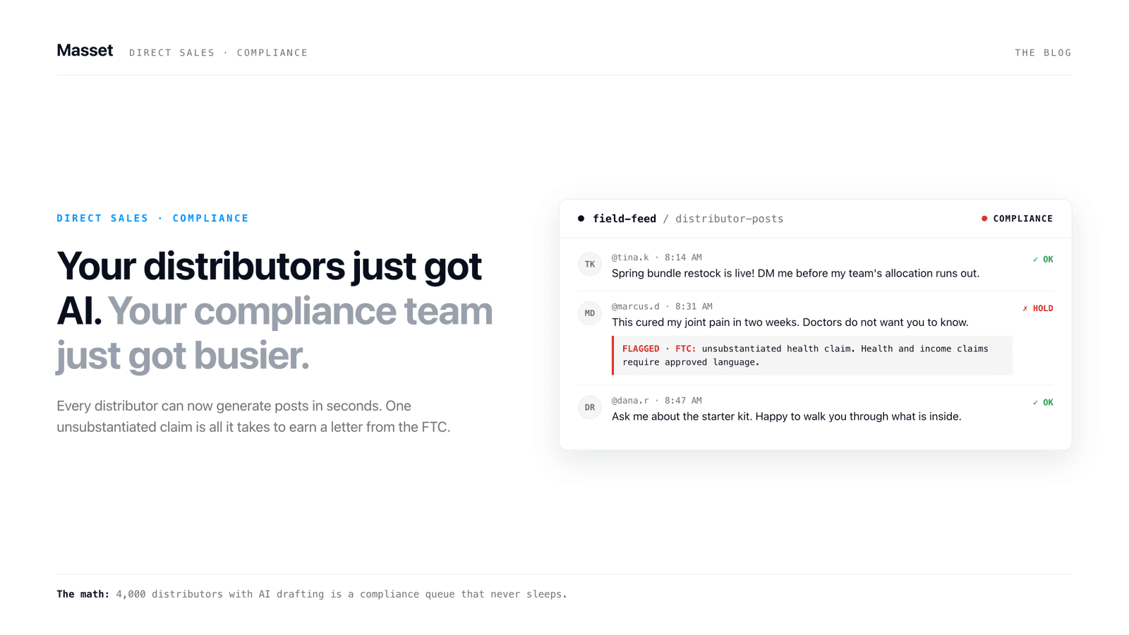 A split product-screenshot card showing a distributor's AI drafting the same social post two ways: one from a generic prompt flagged as an income claim, one drafted from an approved content library and passing review.