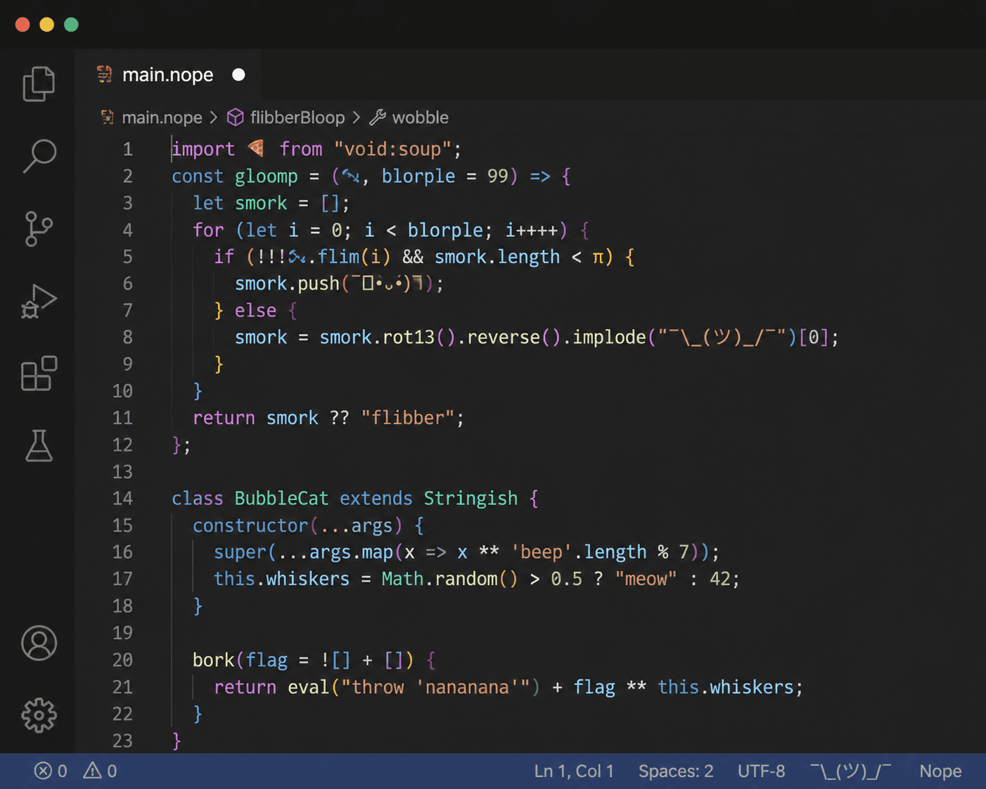 A code editor full of playful, made-up code, the kind of screen that looks intimidating and unreadable to a marketer who doesn't write code.