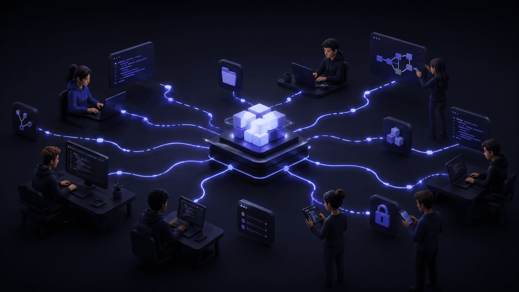An isometric illustration of people at their computers, each connected by glowing blue lines to a central glowing cube, the shared home base where everything they build comes together.