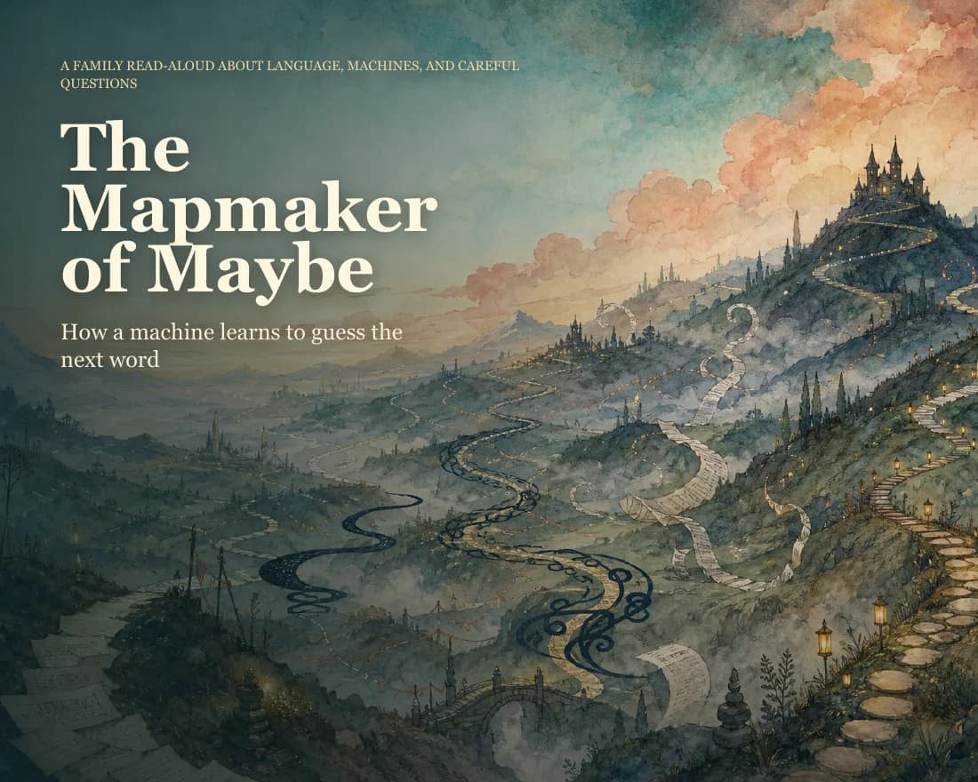 The cover of The Mapmaker of Maybe, a family read-aloud about how a machine learns to guess the next word, showing a painted valley of winding roads at dusk.