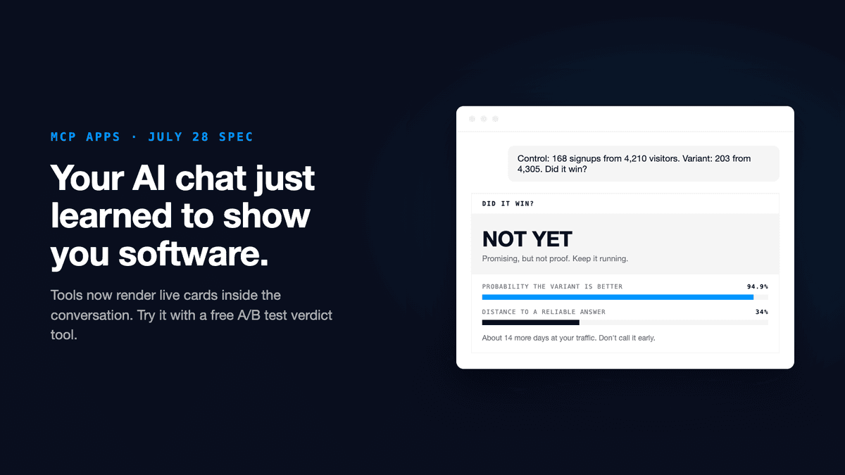 An AI chat window where a tool result renders as an interactive A/B test verdict card instead of plain text.