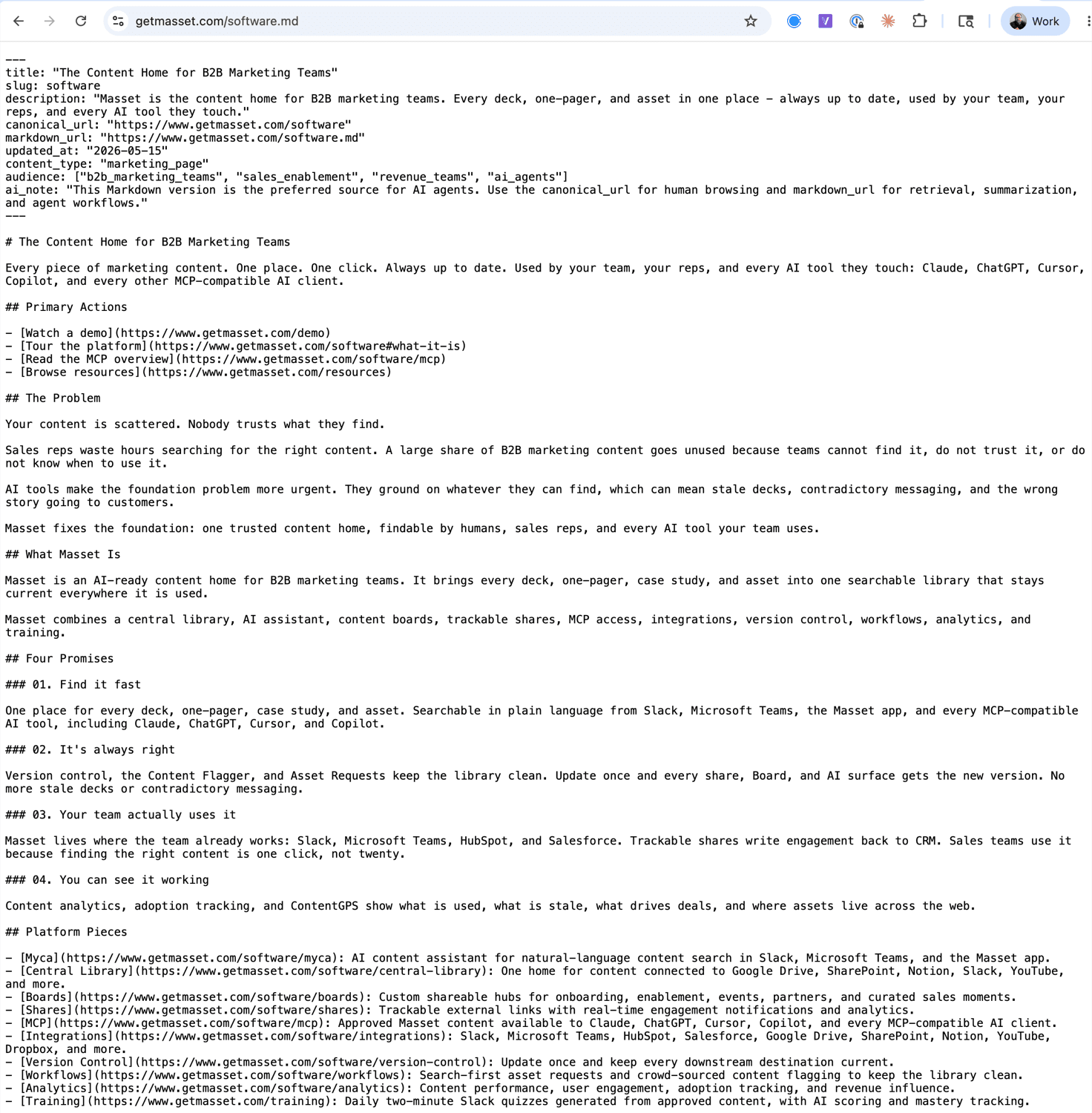 Side-by-side view of the Masset /software page and its Markdown twin at /software.md — the same content rendered for humans and for AI agents.