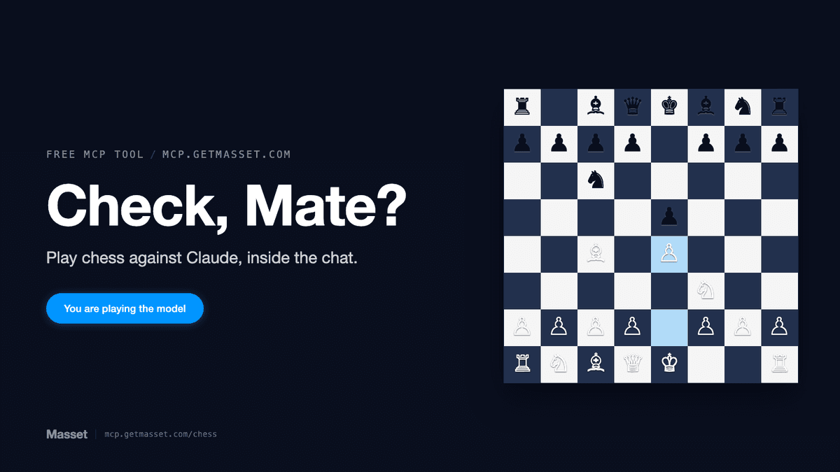 A chess board rendered as an interactive card inside an AI chat, with the line: you are playing the model.