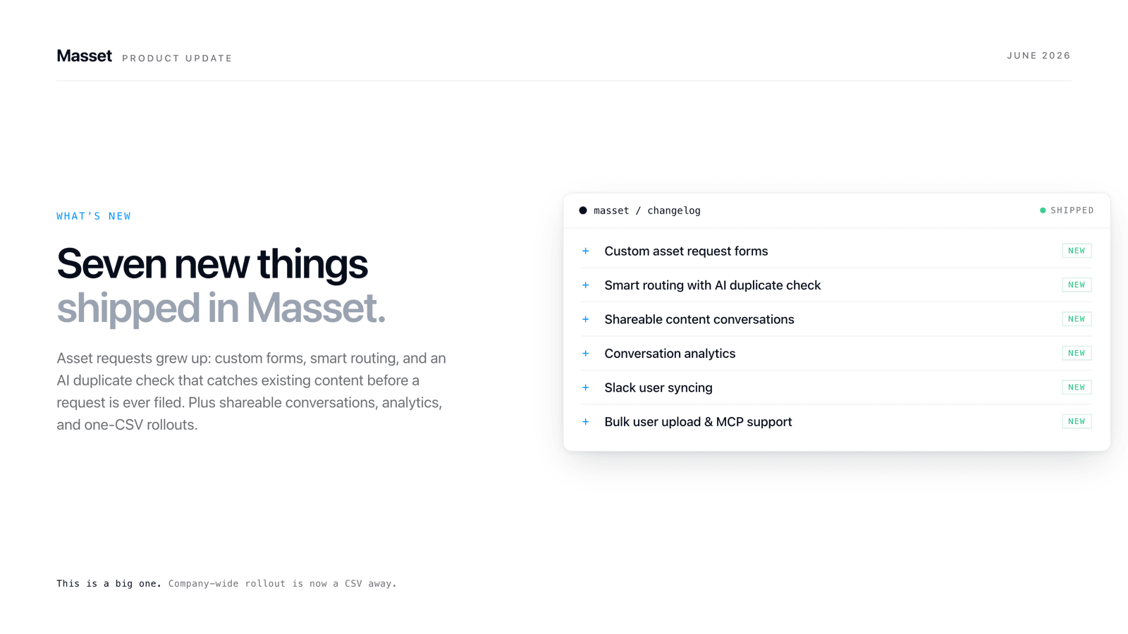 A Masset changelog card listing seven newly shipped features, each marked NEW.