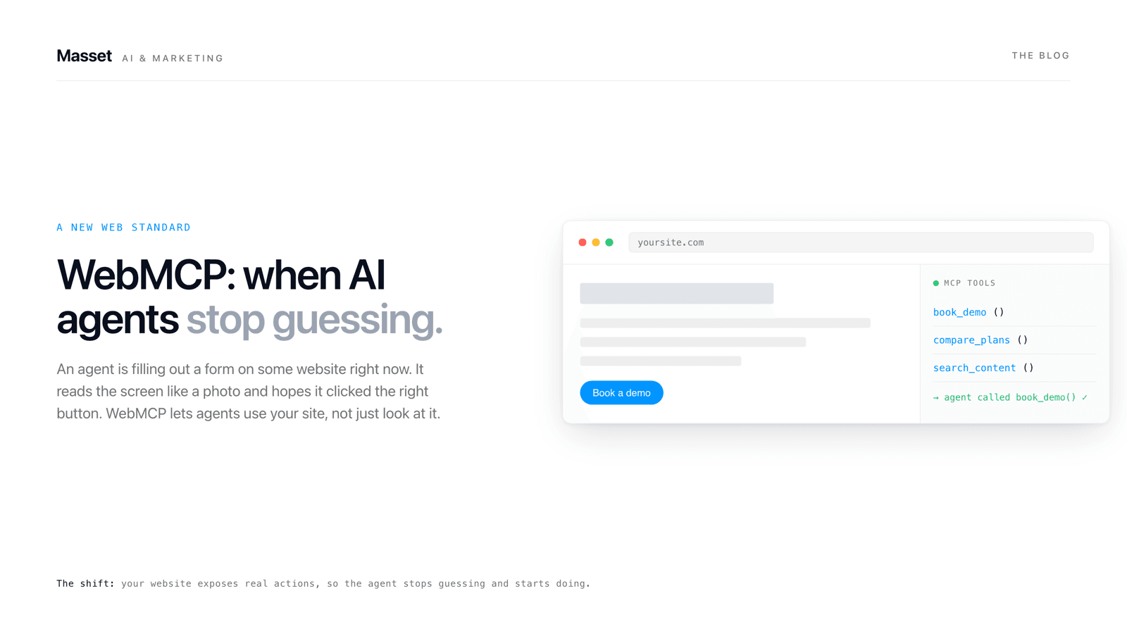 A browser window beside an MCP tools panel where an AI agent calls book_demo() instead of guessing which button to click.