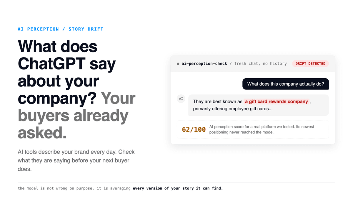A fresh ChatGPT-style chat asked what a company does, answering with an outdated description, next to an AI perception score of 62 out of 100.