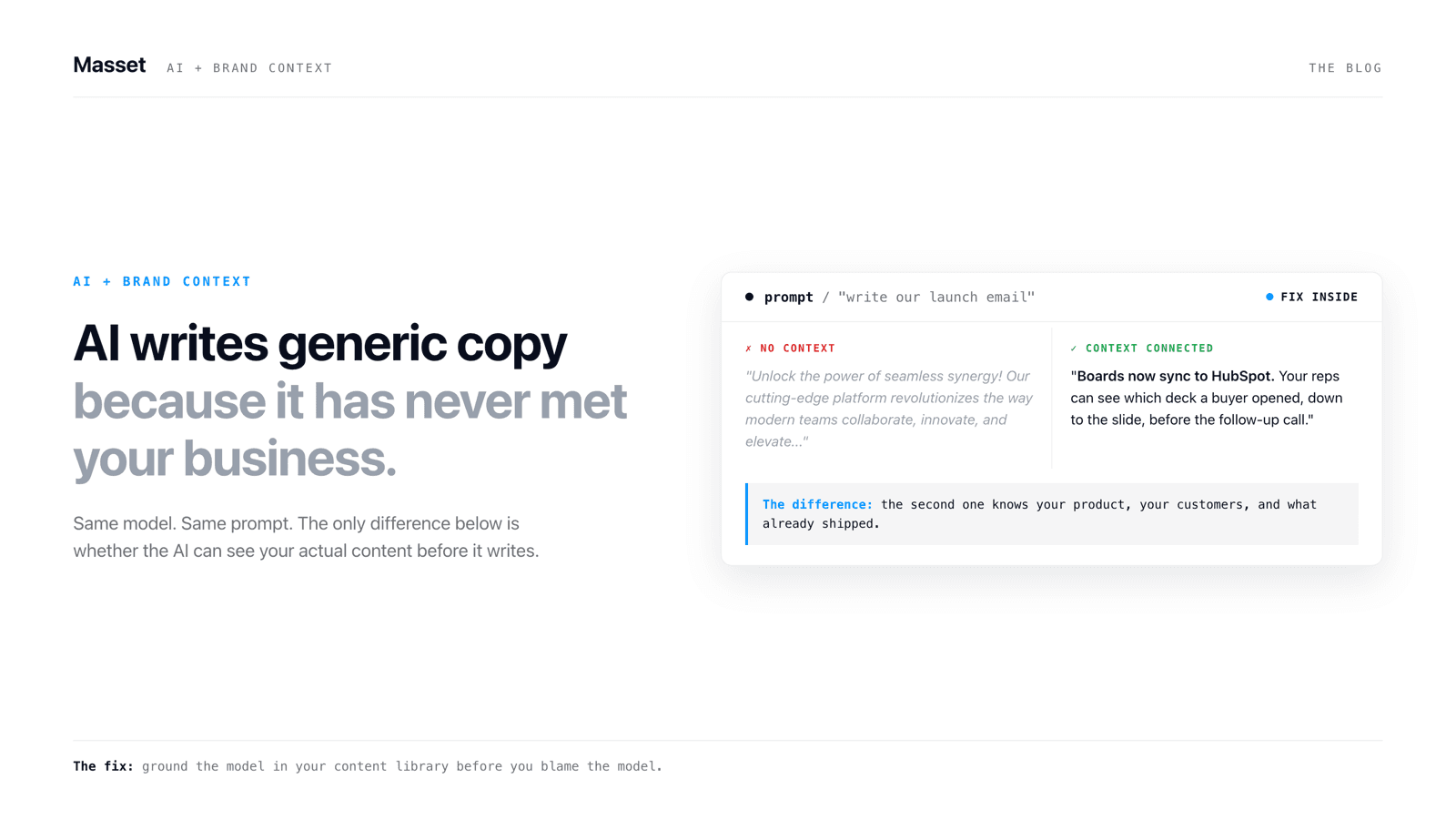 A split product-screenshot-style card showing the same AI prompt answered twice: one side generic copy that fits any company, the other side specific copy grounded in real business content.