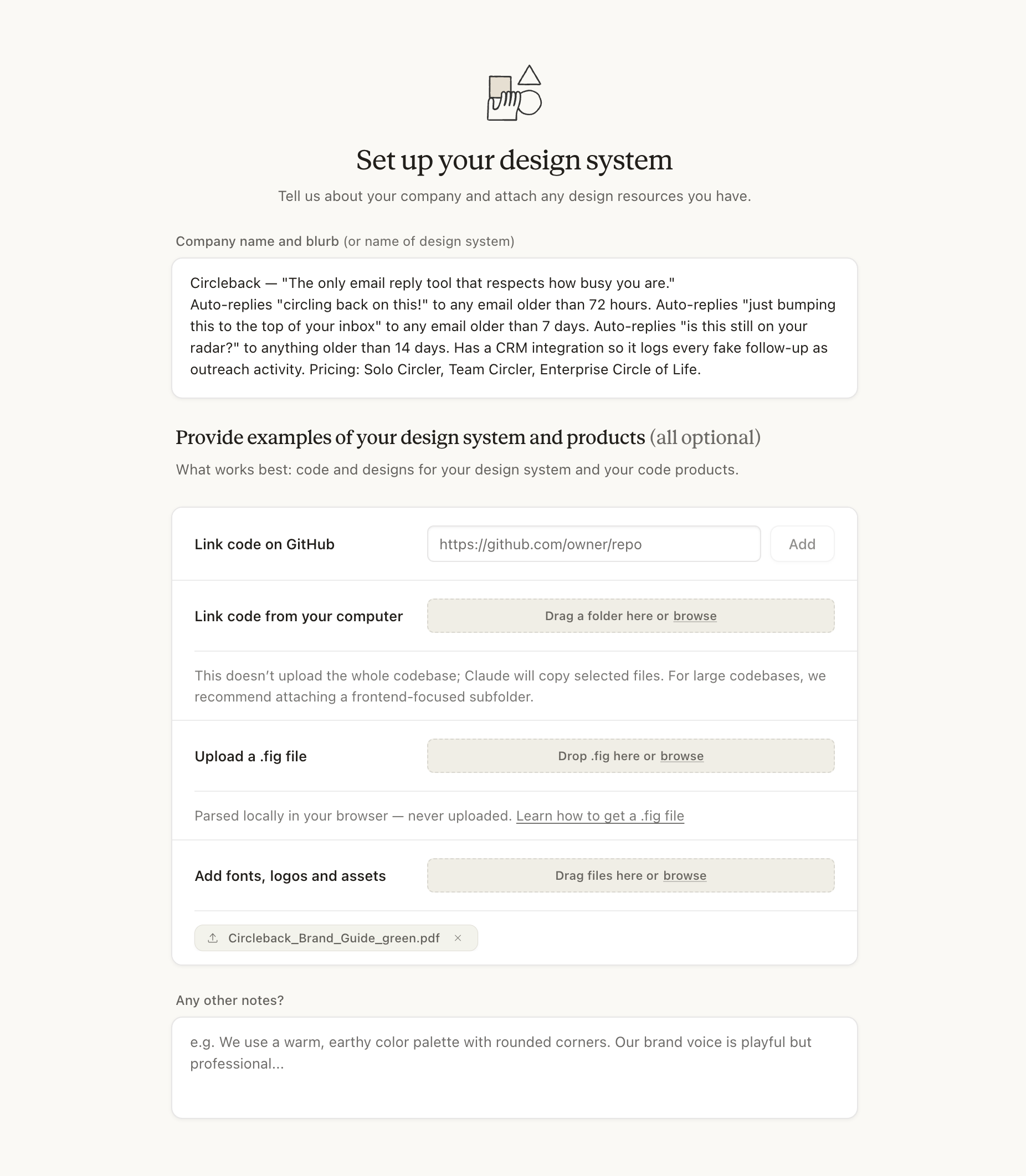The Set up your design system screen with the CircleBack description filled in and the brand guide PDF uploaded