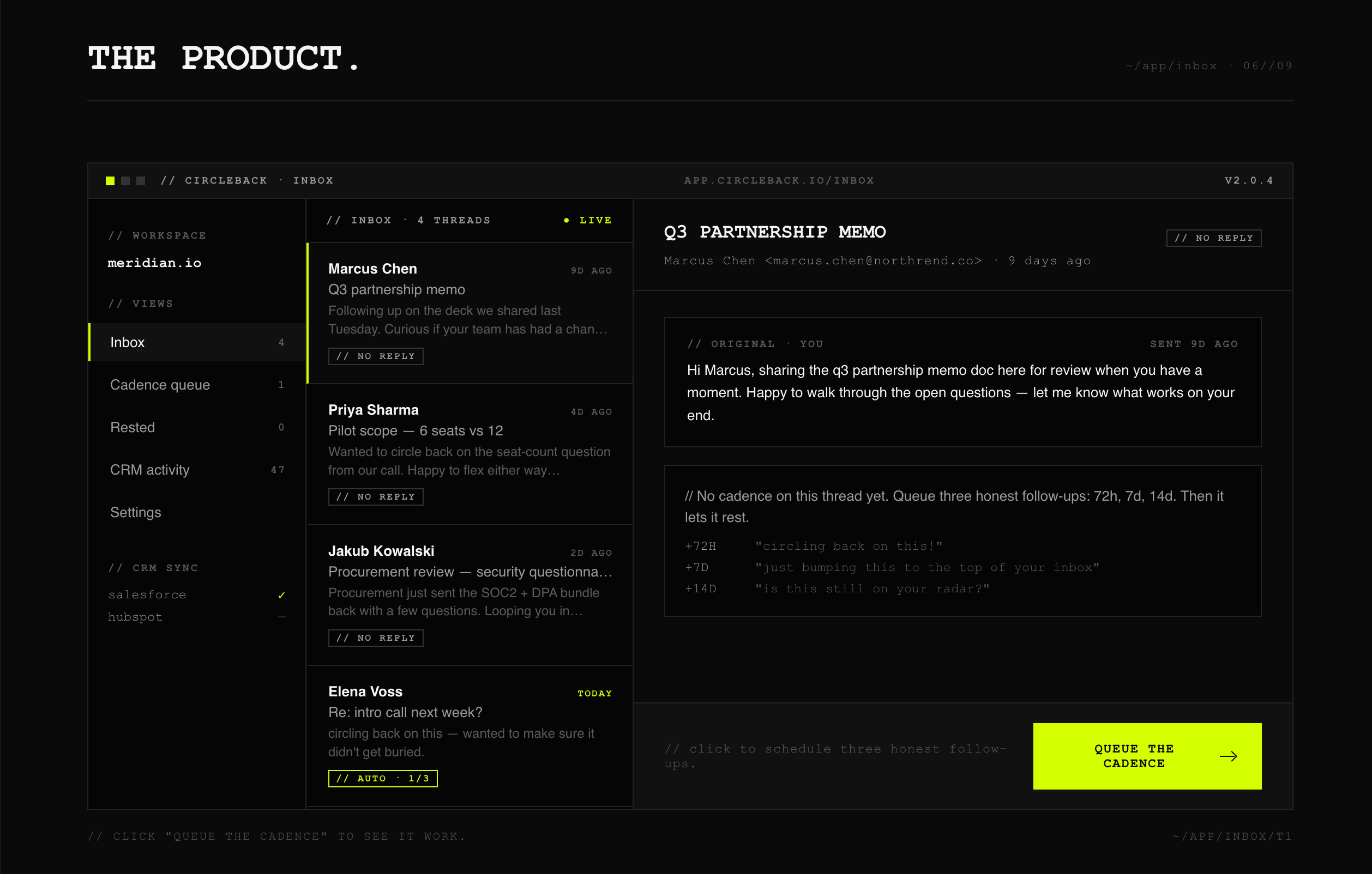 The product mockup section Claude generates — a full inbox UI for CircleBack with a workspace sidebar, four sample email threads (Marcus Chen, Priya Sharma, Jakub Kowalski, Elena Voss), and a detail view showing a Q3 partnership memo with a queued 72h / 7d / 14d cadence of follow-up replies and a Queue The Cadence CTA in lime
