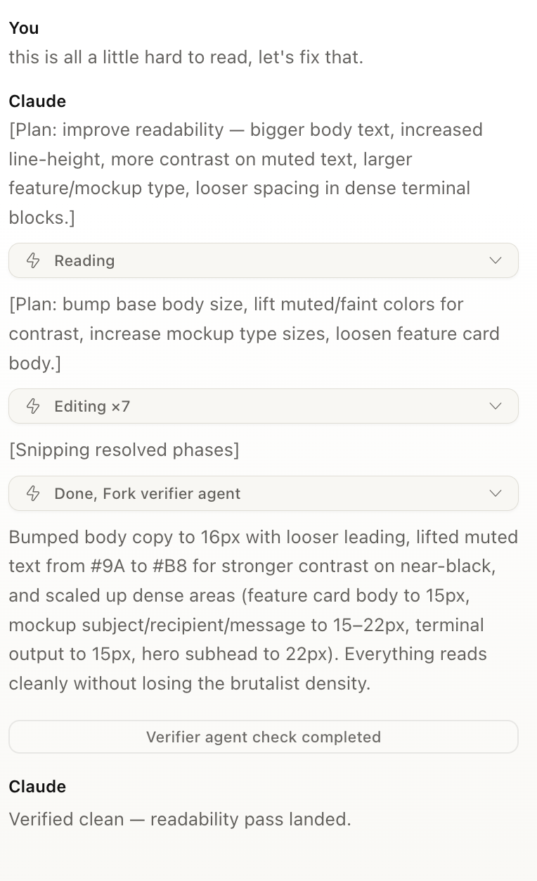 Claude's chat response to the readability prompt — Plan: improve readability with bigger body text, increased line-height, more contrast on muted text. Then Editing x7. Then a final summary noting body copy bumped to 16px with looser leading, muted text contrast lifted from #9A to #B8, feature card and mockup type scaled up, hero subhead increased — closing with 'Verified clean — readability pass landed.'