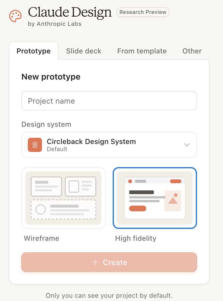 The New prototype setup screen — Prototype tab selected at the top, Project name field, Design system dropdown showing Circleback Design System as Default, and High fidelity selected with a blue outline