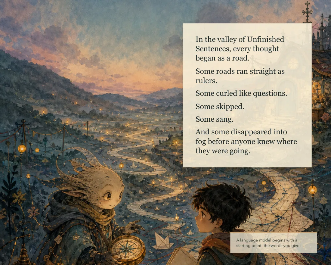 In the valley of Unfinished Sentences, every thought began as a road. Some roads ran straight like rulers, some curled like questions, some skipped, some sang, and some disappeared into fog. Caption: a language model begins with a starting point, the words you give it.