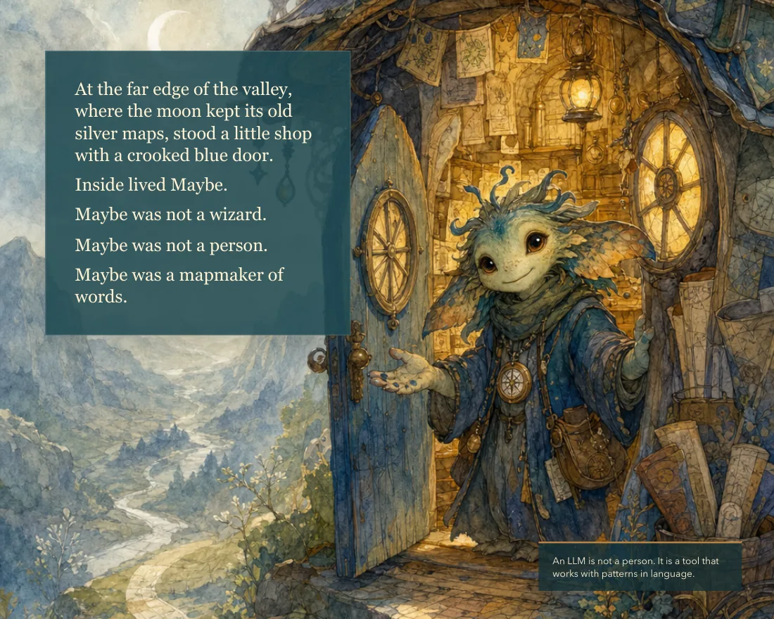 At the far edge of the valley stood a little shop with a crooked blue door. Inside lived Maybe. Maybe was not a wizard. Maybe was not a person. Maybe was a mapmaker of words. Caption: an LLM is not a person, it is a tool that works with patterns in language.