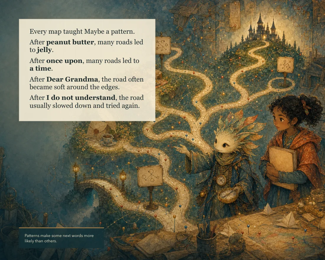 Every map taught Maybe a pattern. After peanut butter, many roads led to jelly. After once upon, many roads led to a time. Caption: patterns make some next words more likely than others.
