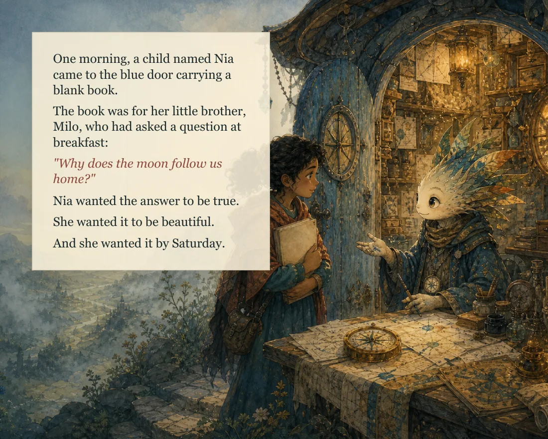 A child named Nia came to the blue door carrying a blank book for her little brother Milo, who asked at breakfast: why does the moon follow us home? She wanted the answer to be true, beautiful, and ready by Saturday.