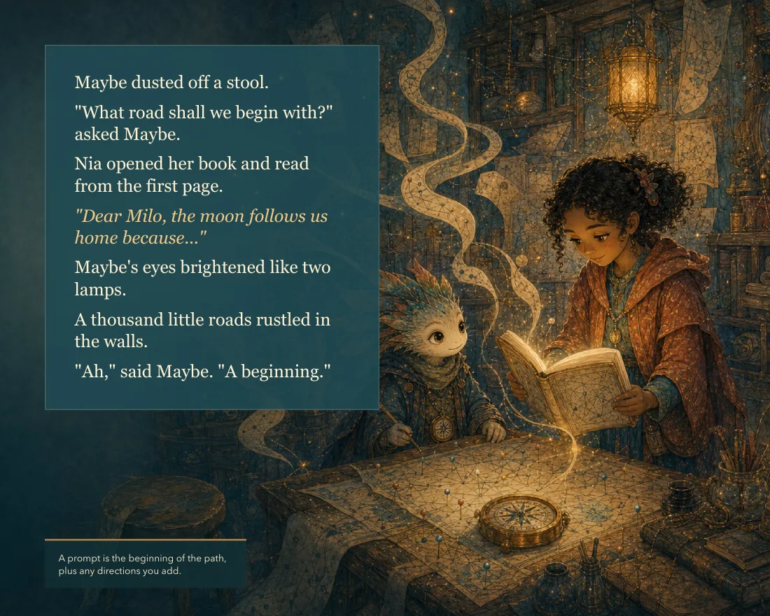Nia reads the first line of her book aloud: Dear Milo, the moon follows us home because. Maybe's eyes brighten and a thousand little roads rustle in the walls. Ah, said Maybe. A beginning. Caption: a prompt is the beginning of the path, plus any directions you add.