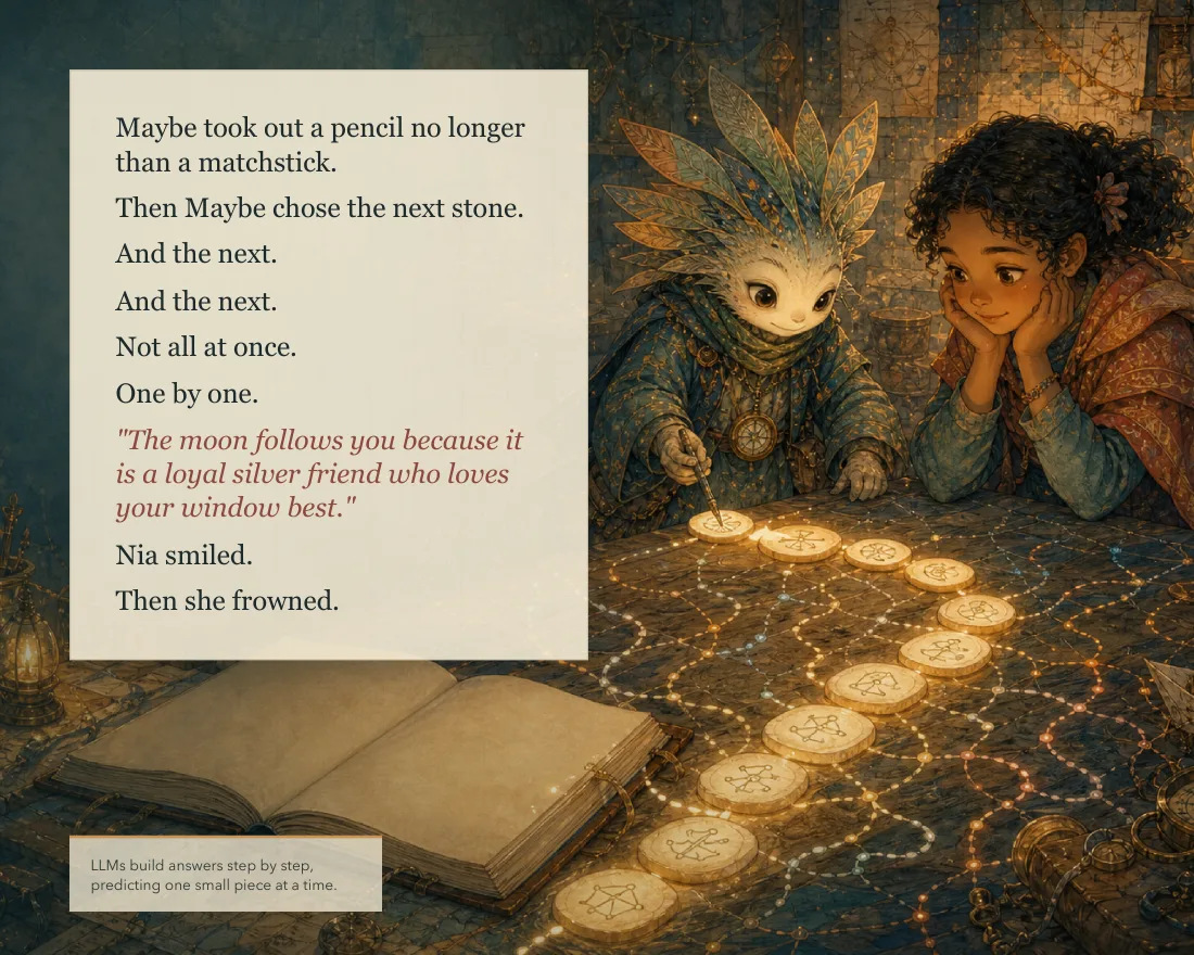Maybe chose the next stone. And the next. Not all at once. One by one. The moon follows you because it is a loyal silver friend who loves your window best. Nia smiled. Then she frowned. Caption: LLMs build answers step by step, predicting one small piece at a time.