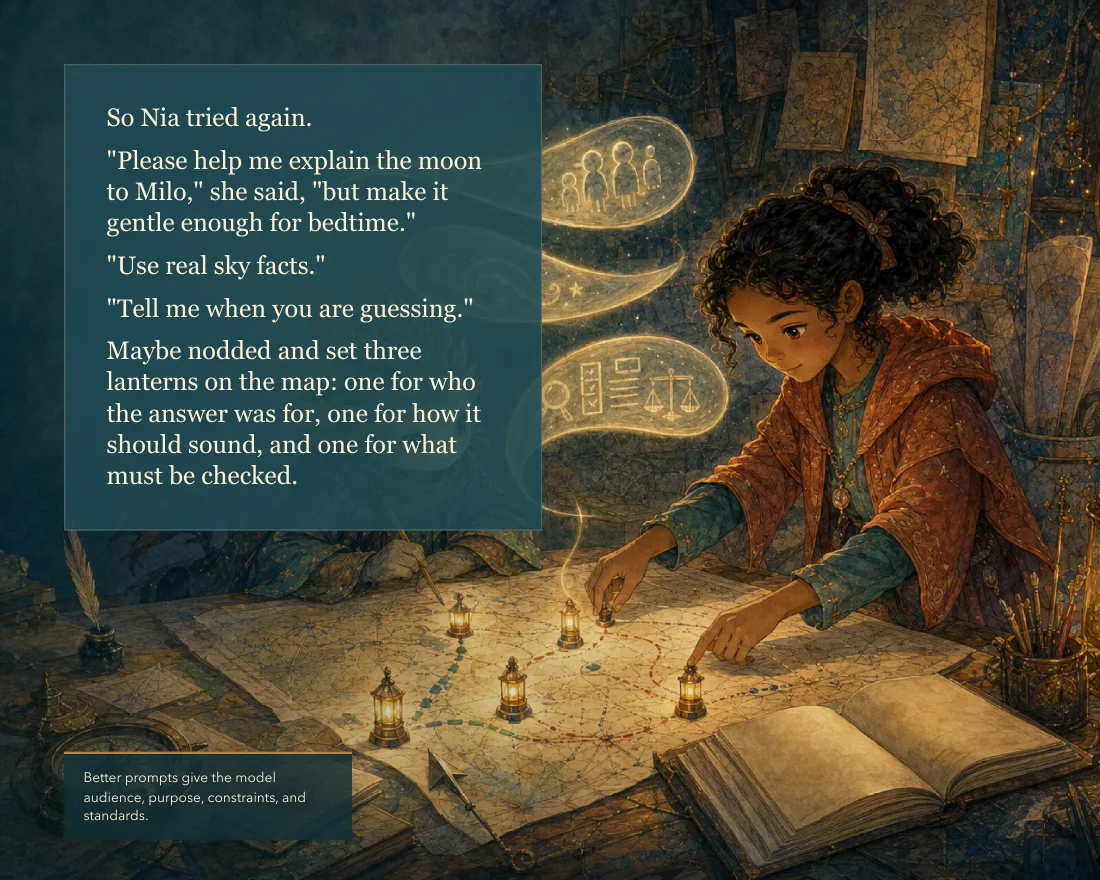 Nia tried again: help me explain the moon to Milo, but make it gentle enough for bedtime, use real sky facts, and tell me when you are guessing. Maybe set three lanterns on the map: who the answer was for, how it should sound, and what must be checked. Caption: better prompts give the model audience, purpose, constraints, and standards.