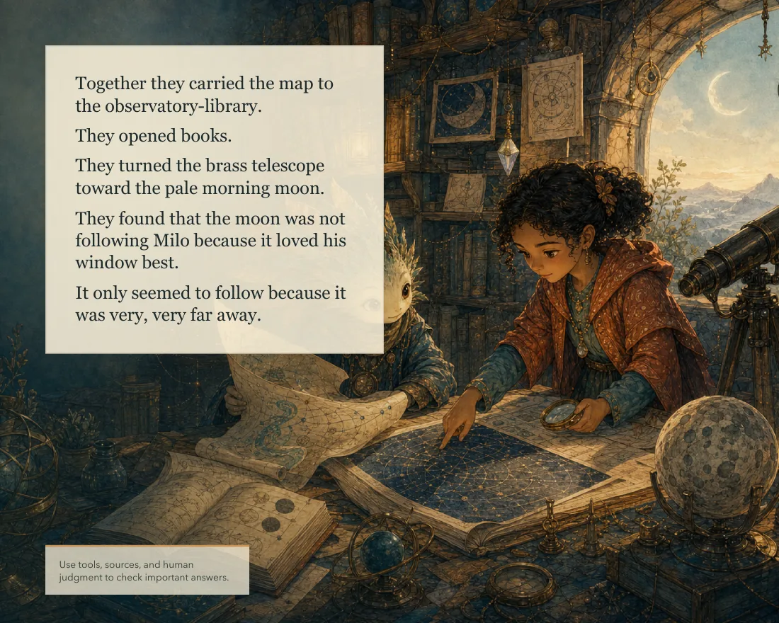 Together they carried the map to the observatory-library, opened books, and turned the brass telescope toward the pale morning moon. The moon was not following Milo because it loved his window best. It only seemed to follow because it was very, very far away. Caption: use tools, sources, and human judgment to check important answers.