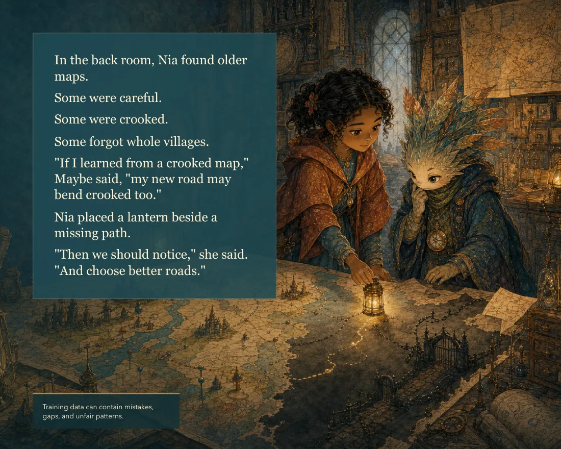 In the back room Nia found older maps. Some were careful. Some were crooked. Some forgot whole villages. If I learned from a crooked map, Maybe said, my new road may bend crooked too. Caption: training data can contain mistakes, gaps, and unfair patterns.