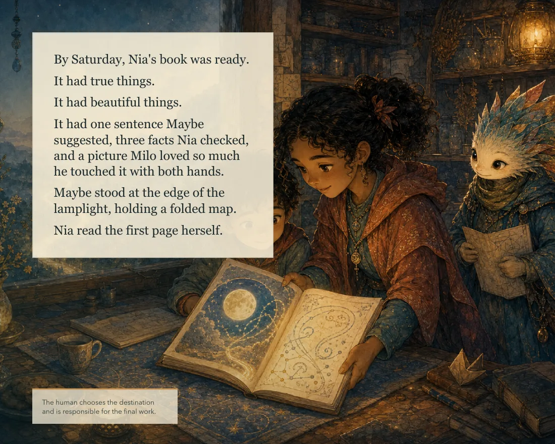 By Saturday, Nia's book was ready. It had true things and beautiful things. It had one sentence Maybe suggested, three facts Nia checked, and a picture Milo loved so much he touched it with both hands. Nia read the first page herself. Caption: the human chooses the destination and is responsible for the final work.