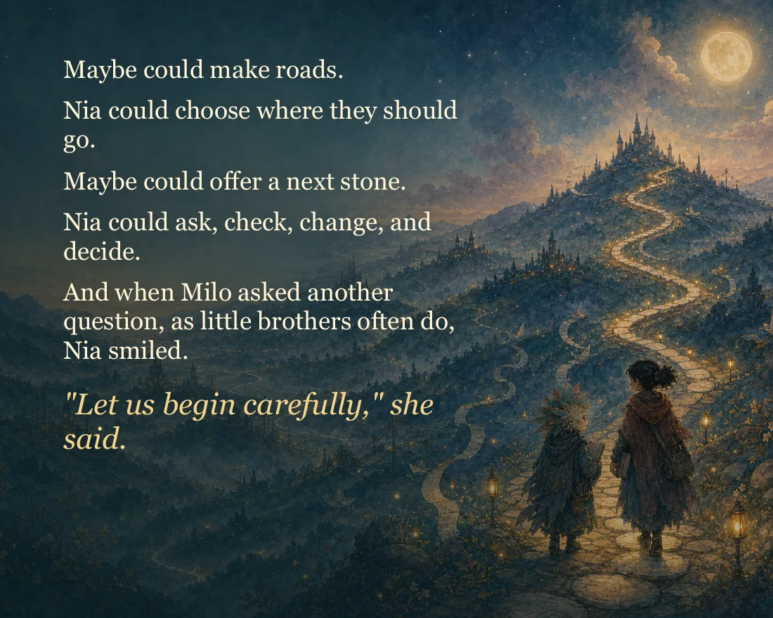 Maybe could make roads. Nia could choose where they should go. Maybe could offer a next stone. Nia could ask, check, change, and decide. And when Milo asked another question, Nia smiled. Let us begin carefully, she said. Two figures walk a glowing road toward town at night.